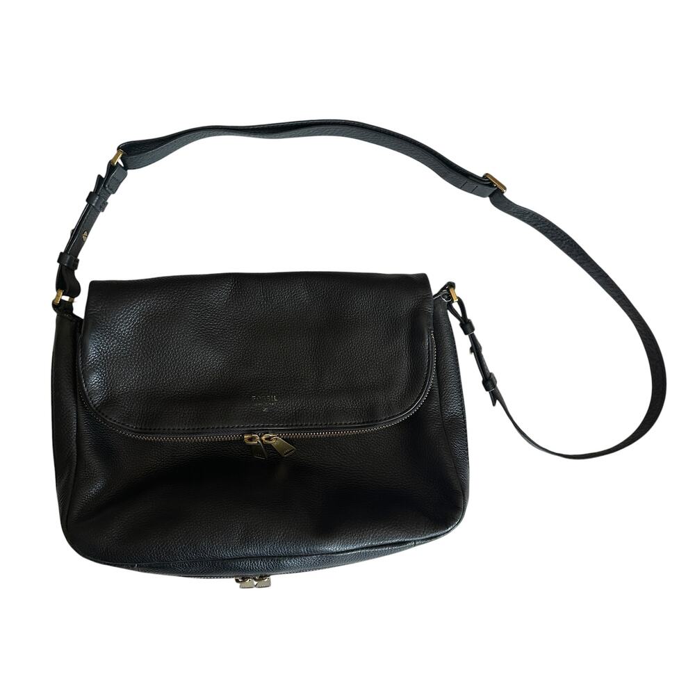Fossil Black Leather Foldover Zip Around Bag Pebbled Flap Purse Boho Slouchy